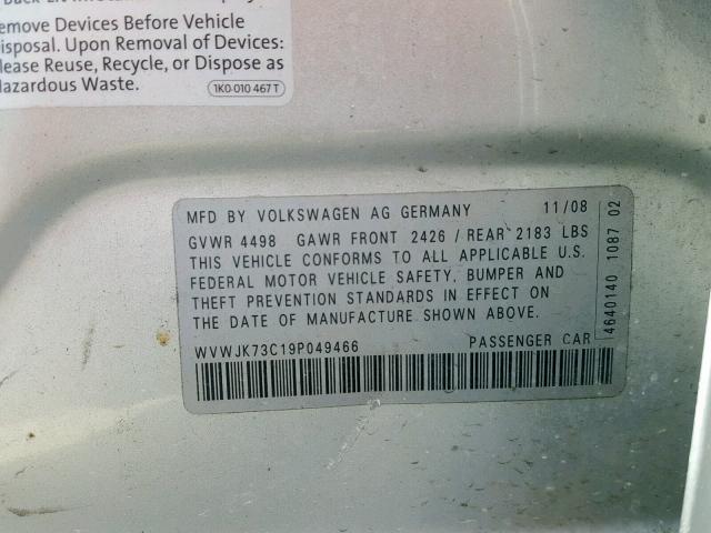 WVWJK73C19P049466 - 2009 VOLKSWAGEN PASSAT TUR SILVER photo 10