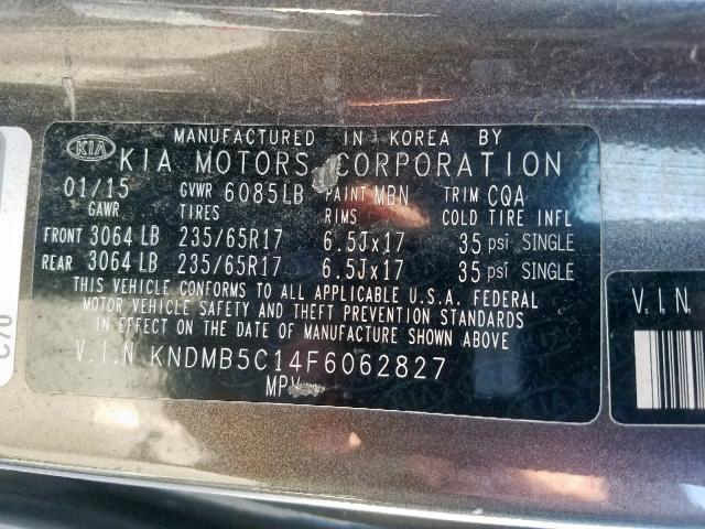 KNDMB5C14F6062827 - 2015 KIA SEDONA LX GRAY photo 10