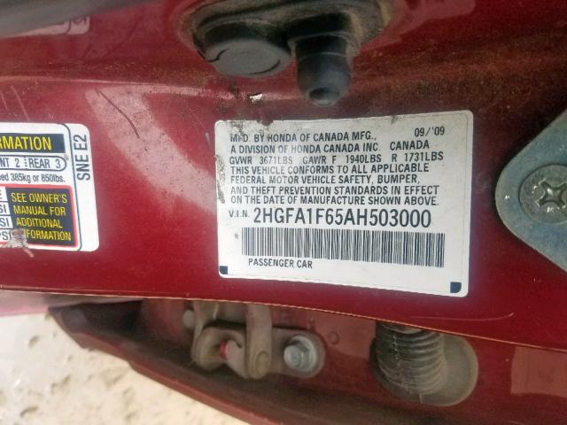 2HGFA1F65AH503000 - 2010 HONDA CIVIC LX-S ბურგუნდია ფოტო 10