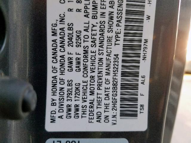 2HGFG3B82FH522354 - 2015 HONDA CIVIC EX ნაცრისფერი ფოტო 10