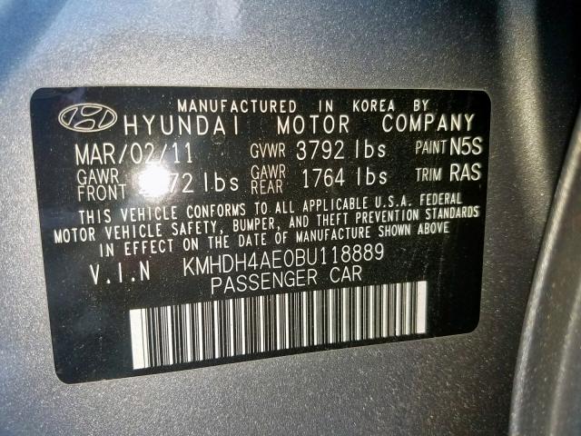 KMHDH4AE0BU118889 - 2011 HYUNDAI ELANTRA GL GRAY photo 10