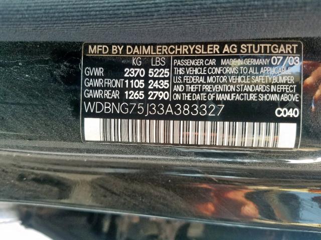 WDBNG75J33A383327 - 2003 MERCEDES-BENZ S 500 BLACK photo 10