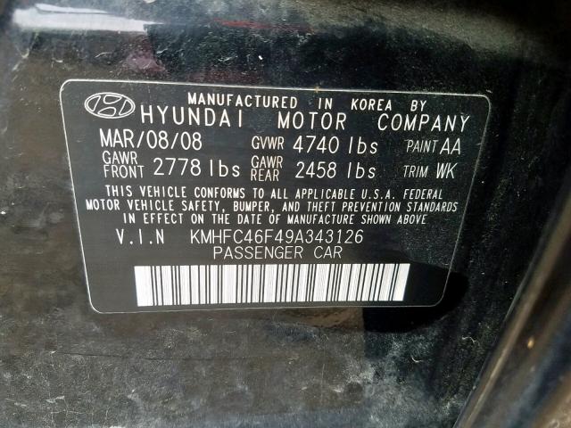 KMHFC46F49A343126 - 2009 HYUNDAI AZERA SE BLACK photo 10