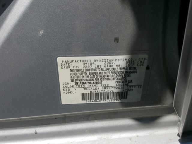 3N1AB6AP9AL620947 - 2010 NISSAN SENTRA 2.0 SILVER photo 10