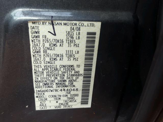 1N6AD07W78C444048 - 2008 NISSAN FRONTIER C GRAY photo 10