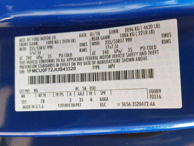 1FMCU0F72JUB43320 - 2018 FORD ESCAPE S BLUE photo 10