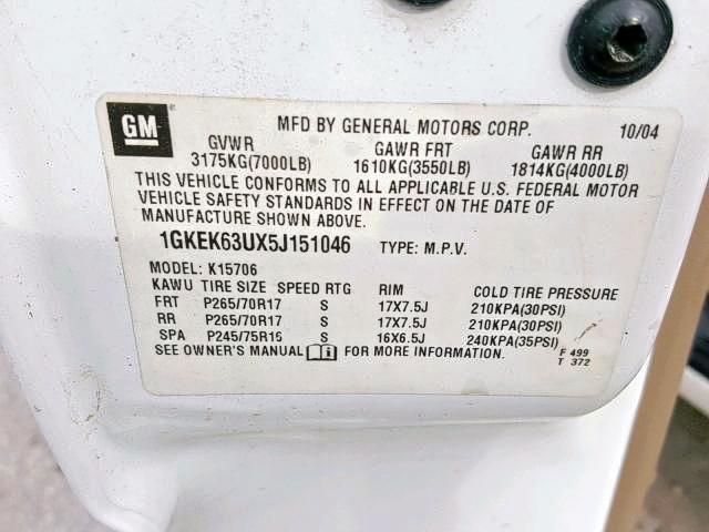 1GKEK63UX5J151046 - 2005 GMC YUKON DENA WHITE photo 10