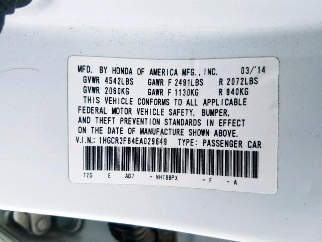 1HGCR3F84EA029649 - 2014 HONDA ACCORD EXL WHITE photo 10