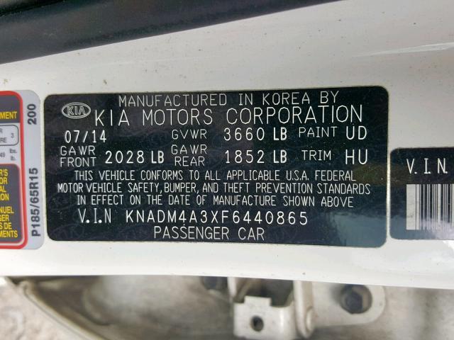 KNADM4A3XF6440865 - 2015 KIA RIO LX WHITE photo 10