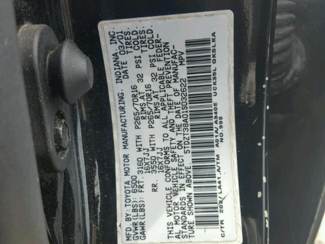 5TDZT38A01S032622 - 2001 TOYOTA SEQUOIA LI BLACK photo 10