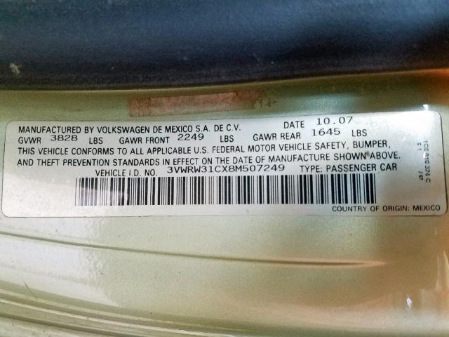 3VWRW31CX8M507249 - 2008 VOLKSWAGEN NEW BEETLE მწვანე ფოტო 10