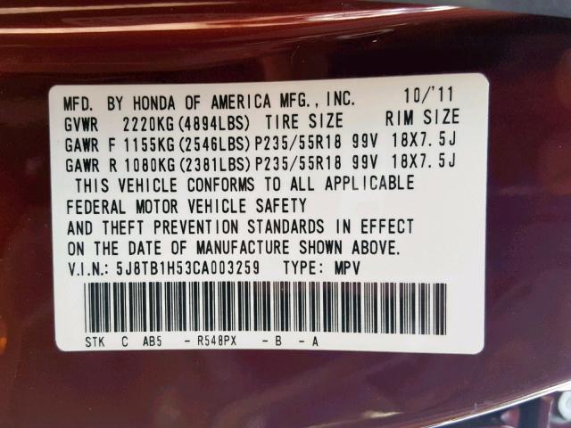 5J8TB1H53CA003259 - 2012 ACURA RDX TECHNO BURGUNDY photo 10