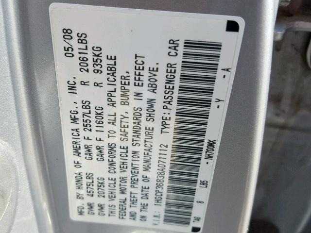 1HGCP36838A071112 - 2008 HONDA ACCORD EXL SILVER photo 10