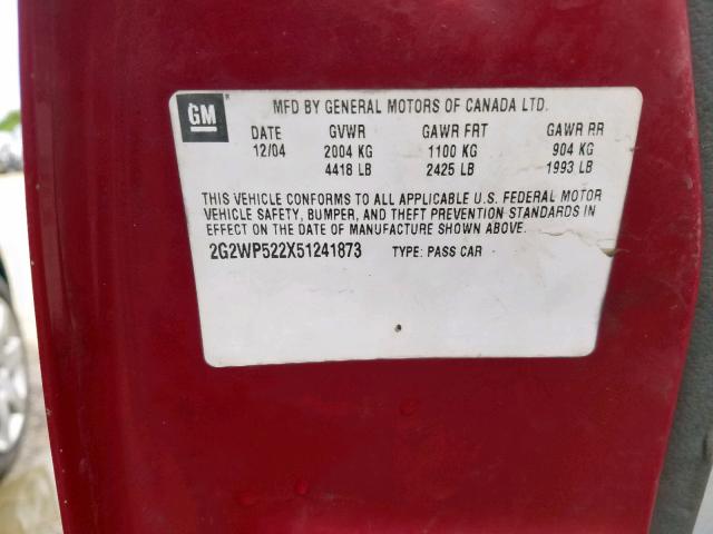 2G2WP522X51241873 - 2005 PONTIAC GRAND PRIX BURGUNDY photo 10