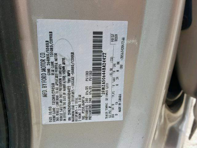 2FMZA50644BA24422 - 2004 FORD FREESTAR S GRAY photo 10