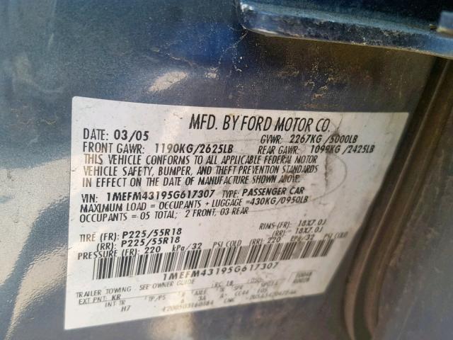 1MEFM43195G617307 - 2005 MERCURY MONTEGO PR 蓝色 照片 10