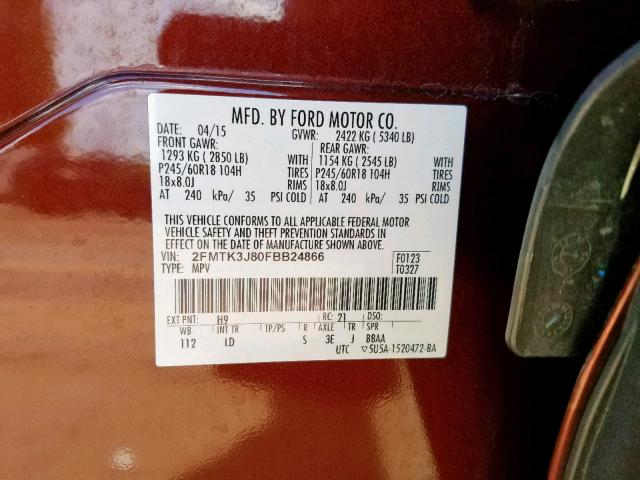 2FMTK3J80FBB24866 - 2015 FORD EDGE SEL BURGUNDY photo 10