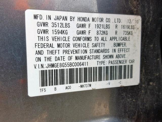 JHMGE8G55BC006411 - 2011 HONDA FIT SPORT GRAY photo 10