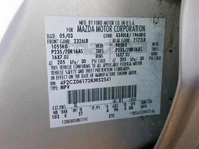 4F2CZ06173KM52541 - 2003 MAZDA TRIBUTE ES 银色 照片 10