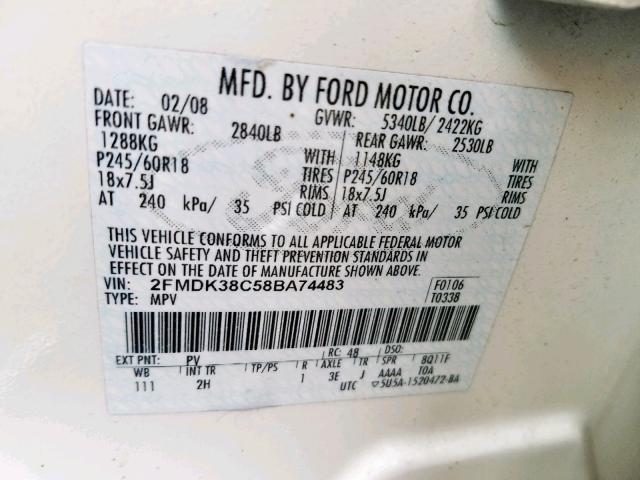 2FMDK38C58BA74483 - 2008 FORD EDGE SEL WHITE photo 10