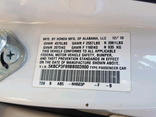 5KBCP3F89BB003900 - 2011 HONDA ACCORD EXL WHITE photo 10