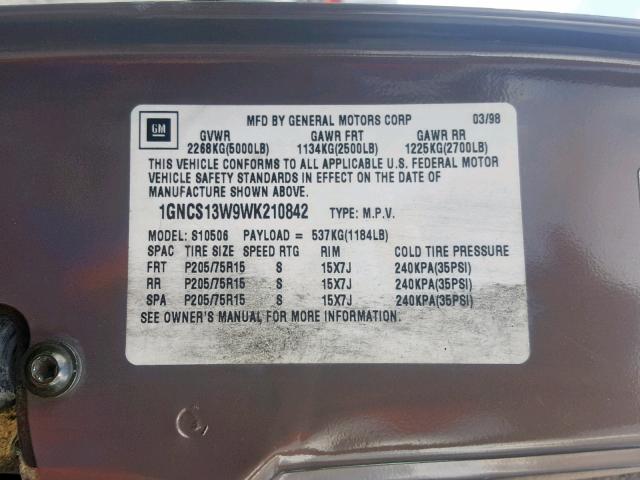 1GNCS13W9WK210842 - 1998 CHEVROLET BLAZER BROWN photo 10