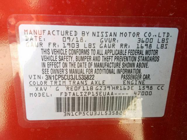 3N1CP5CU3JL535822 - 2018 NISSAN KICKS S RED photo 10