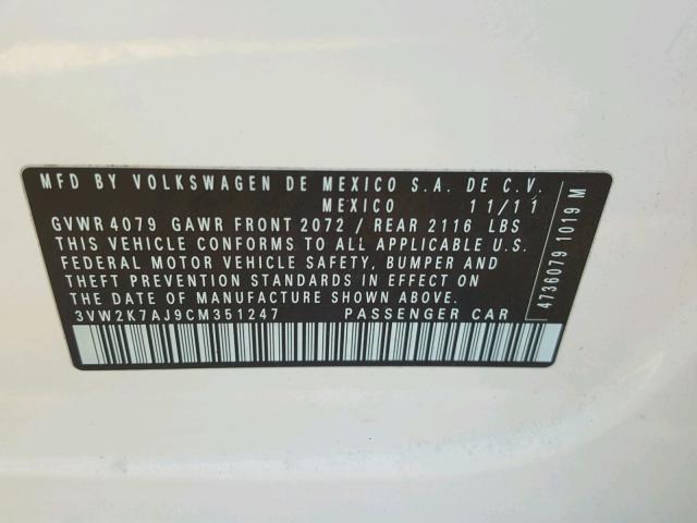 3VW2K7AJ9CM351247 - 2012 VOLKSWAGEN JETTA BASE WHITE photo 10