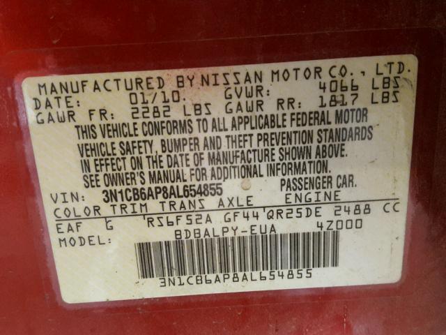 3N1CB6AP8AL654855 - 2010 NISSAN SENTRA SE- RED photo 10