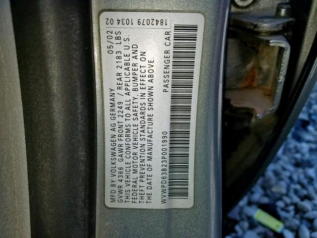 WVWPD63B23P001990 - 2003 VOLKSWAGEN PASSAT GLS SILVER photo 10