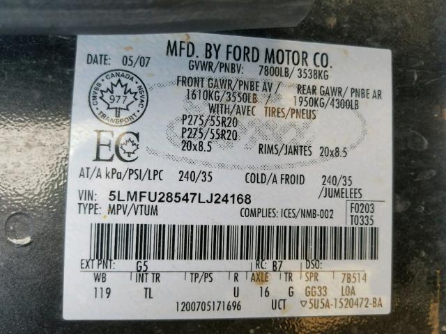 5LMFU28547LJ24168 - 2007 LINCOLN NAVIGATOR ნაცრისფერი ფოტო 10