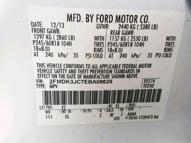 2FMDK3JC7EBA08829 - 2014 FORD EDGE SEL WHITE photo 10