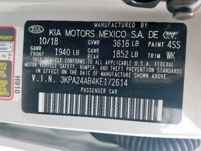 3KPA24AB4KE172614 - 2019 KIA RIO S GRAY photo 10