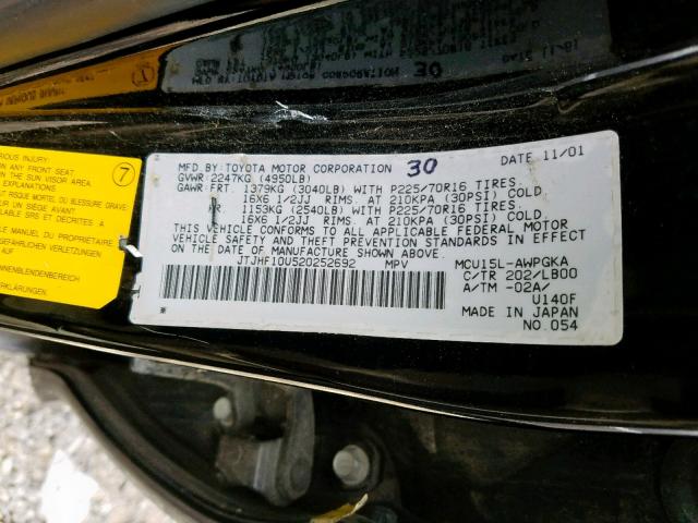 JTJHF10U520252692 - 2002 LEXUS RX 300 BLACK photo 10