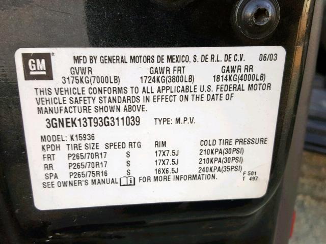 3GNEK13T93G311039 - 2003 CHEVROLET AVALANCHE CHARCOAL photo 10