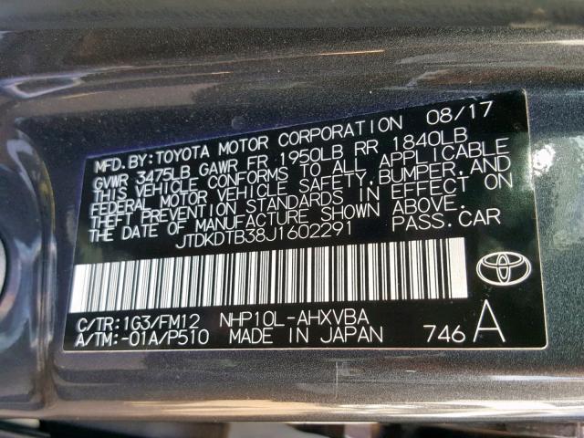 JTDKDTB38J1602291 - 2018 TOYOTA PRIUS C CHARCOAL photo 10