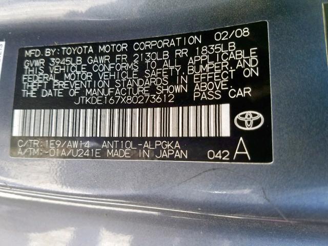 JTKDE167X80273612 - 2008 TOYOTA SCION TC ვერცხლისფერი ფოტო 10