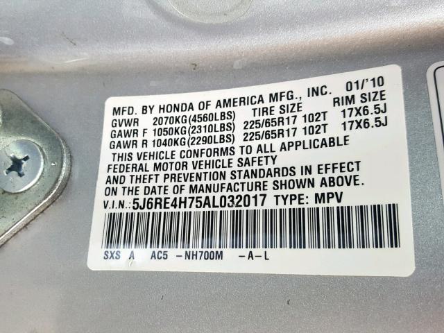 5J6RE4H75AL032017 - 2010 HONDA CR-V EXL SILVER photo 10