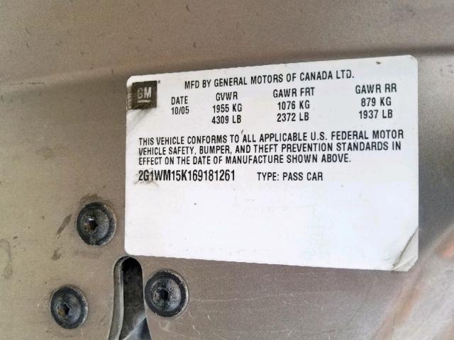 2G1WM15K169181261 - 2006 CHEVROLET MONTE CARL TAN photo 10