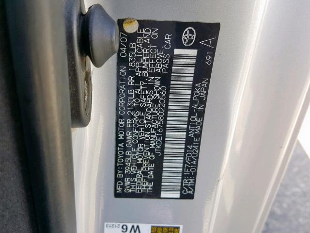 JTKDE167580220560 - 2008 TOYOTA SCION TC ვერცხლისფერი ფოტო 10