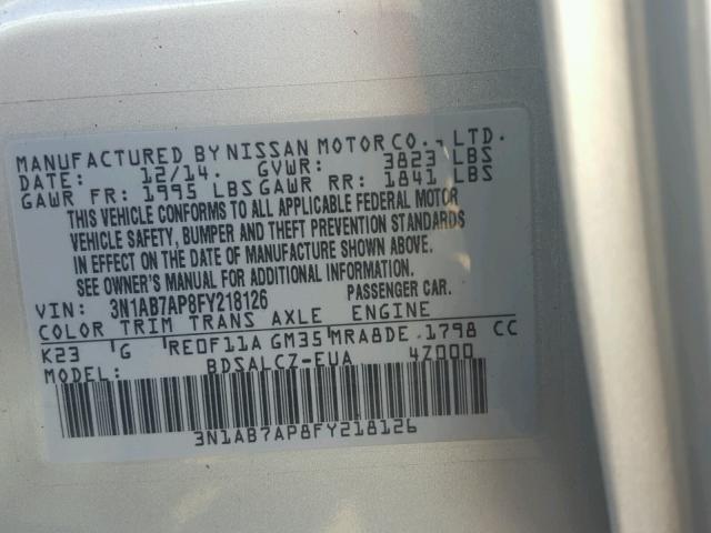 3N1AB7AP8FY218126 - 2015 NISSAN SENTRA S SILVER photo 10