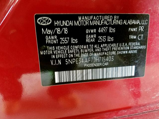 5NPE34AF7JH715403 - 2018 HYUNDAI SONATA SPO RED photo 10