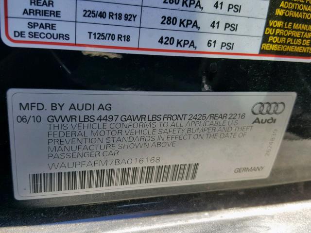 WAUPFAFM7BA016168 - 2011 AUDI A3 PREMIUM BLACK photo 10