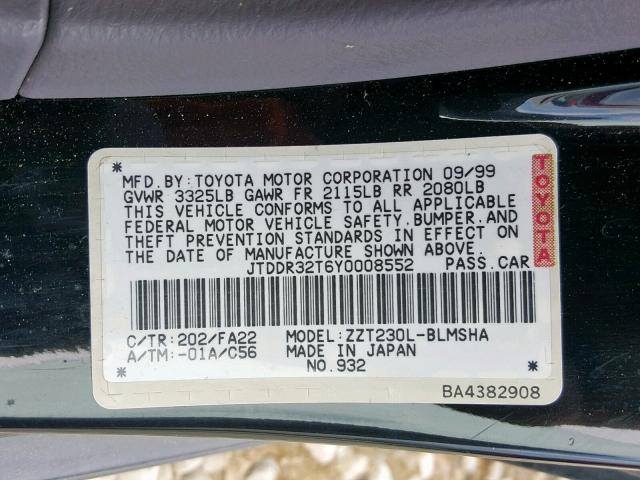 JTDDR32T6Y0008552 - 2000 TOYOTA CELICA GT BLACK photo 10