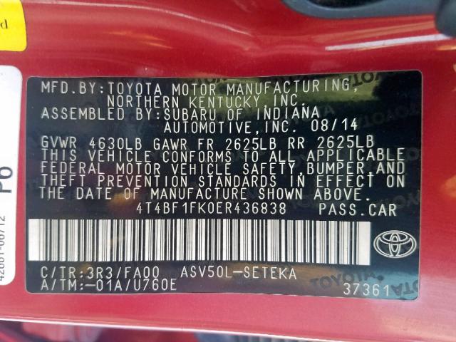 4T4BF1FK0ER436838 - 2014 TOYOTA CAMRY L Qırmızı foto 10