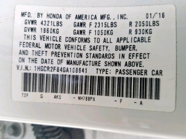 1HGCR2F84GA108641 - 2016 HONDA ACCORD EXL WHITE photo 10