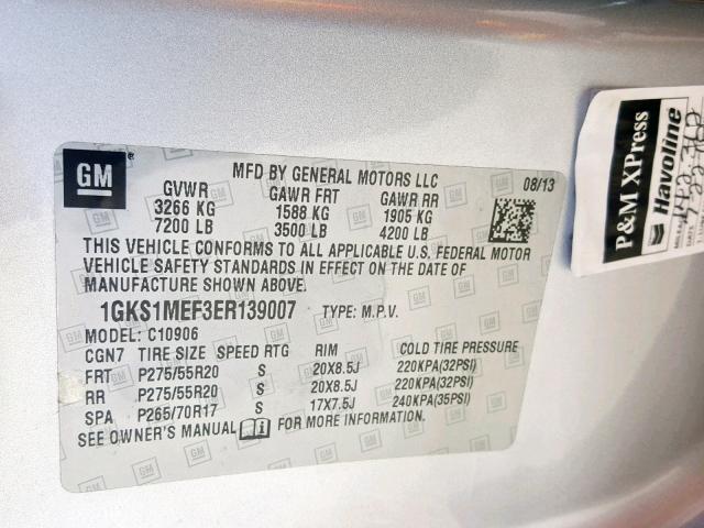 1GKS1MEF3ER139007 - 2014 GMC YUKON XL D SILVER photo 10