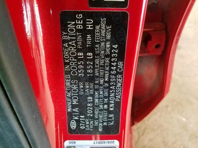 KNADN5A39F6443324 - 2015 KIA RIO EX RED photo 10