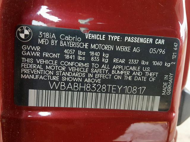 WBABH8328TEY10817 - 1996 BMW 318 IC AUT RED photo 10