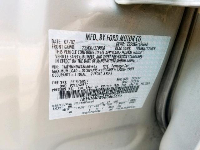 1MEHM40W98G605655 - 2008 MERCURY SABLE LUXU TAN photo 10